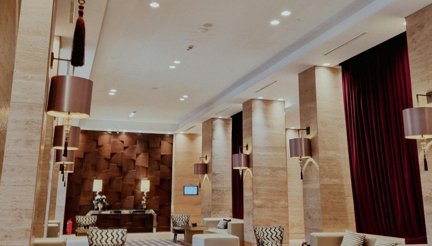 Commercial lighting in a hotel lobby