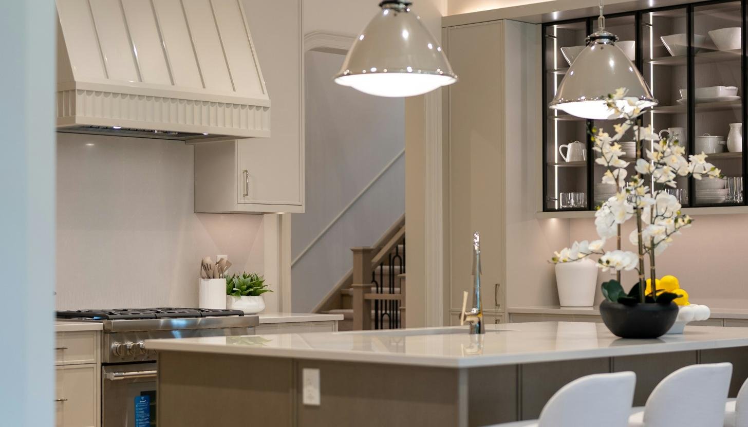 Interior pendant lighting over a kitchen island